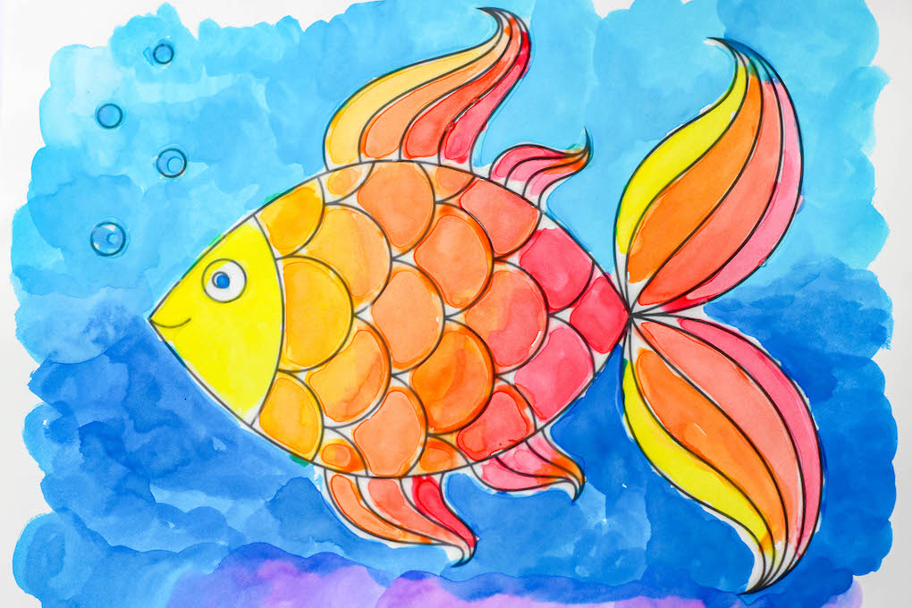 Watercolor and glue painted fish, easy paintings for kids, glue line ocean animals painting, free printable pdf download of ocean animals, free dolphin template, free dolphin outline
