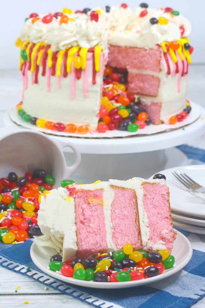 cake layer with frosting and a fun surprise in the center for the Jelly Bean Cake