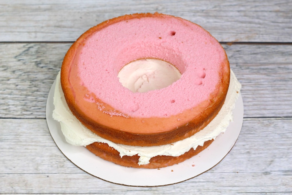 cake layer with frosting for the Jelly Bean Cake