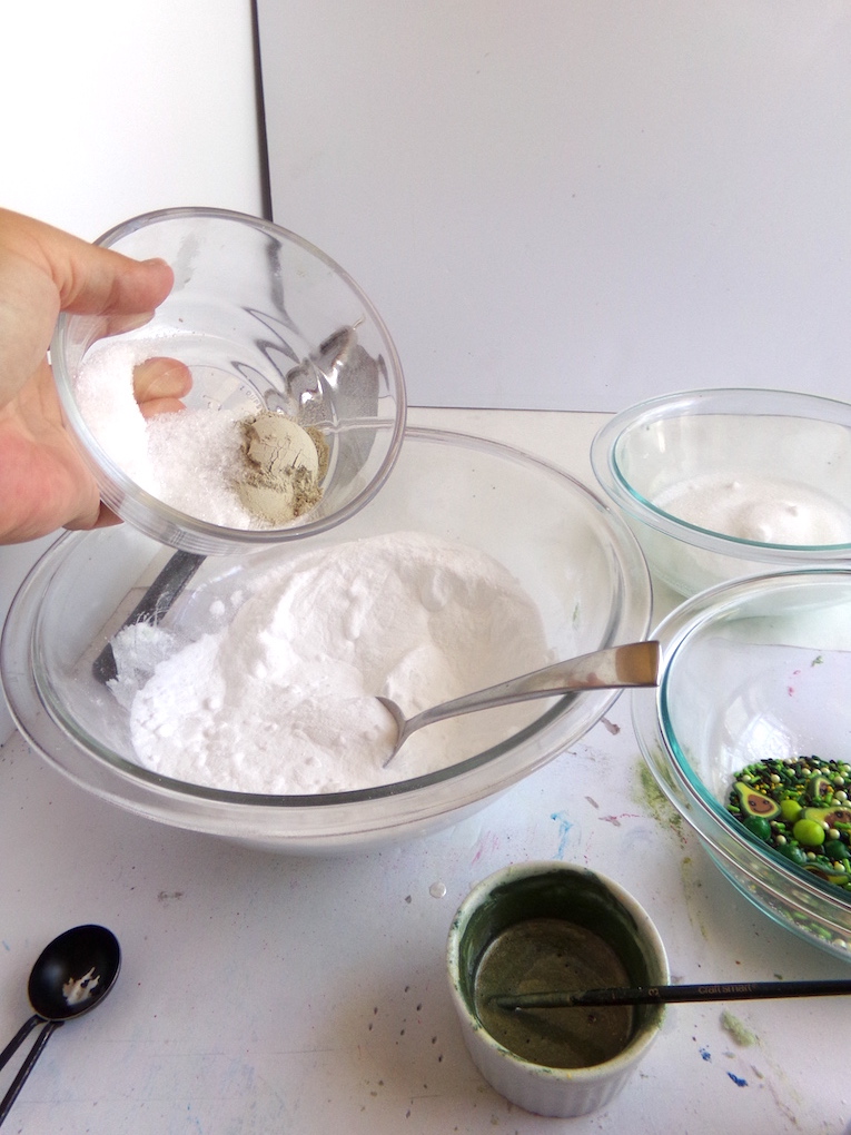 Ingredients to make cute guacamole bath bombs
