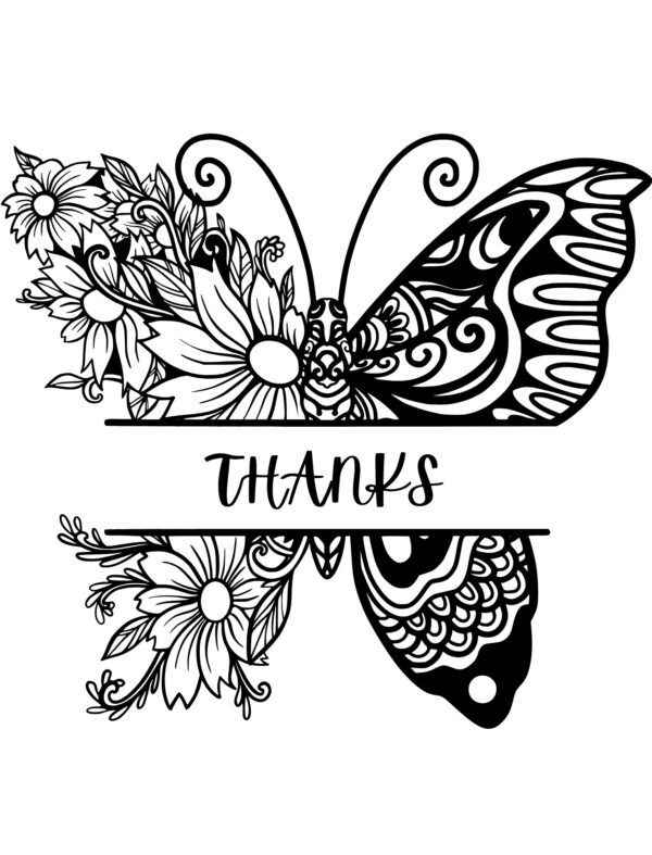 A split butterfly design reading "Thanks," with one wing in flowers and the other in a mandala pattern