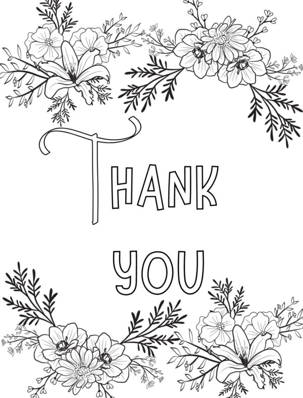 Thank you coloring page with flowers at top and bottom