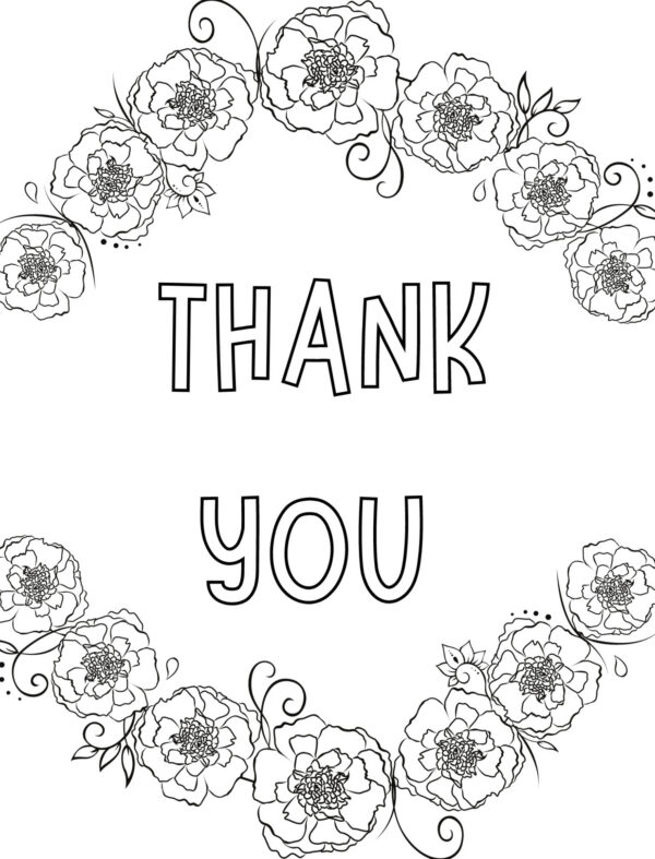 Thank you coloring page with a floral rose wreath
