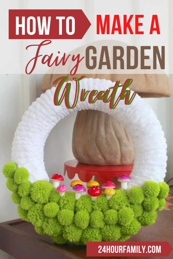 make a fairy garden wreath using green pom poms spring wreath craft HOMEMADE DIY Fairy garden wreath