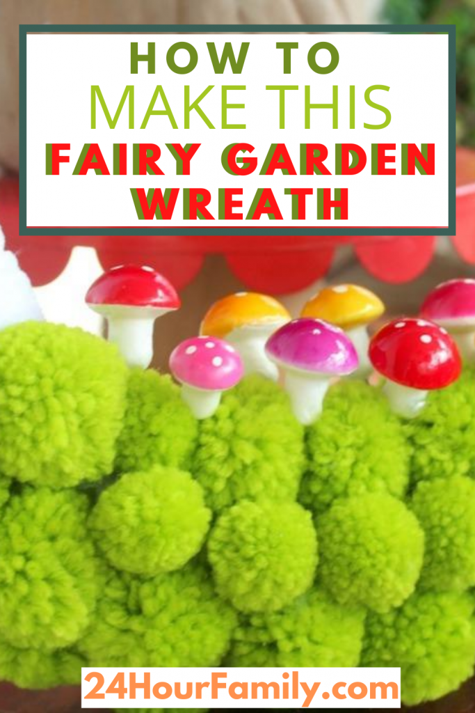 make a fairy garden wreath using green pom poms spring wreath craft HOMEMADE DIY Fairy garden wreath