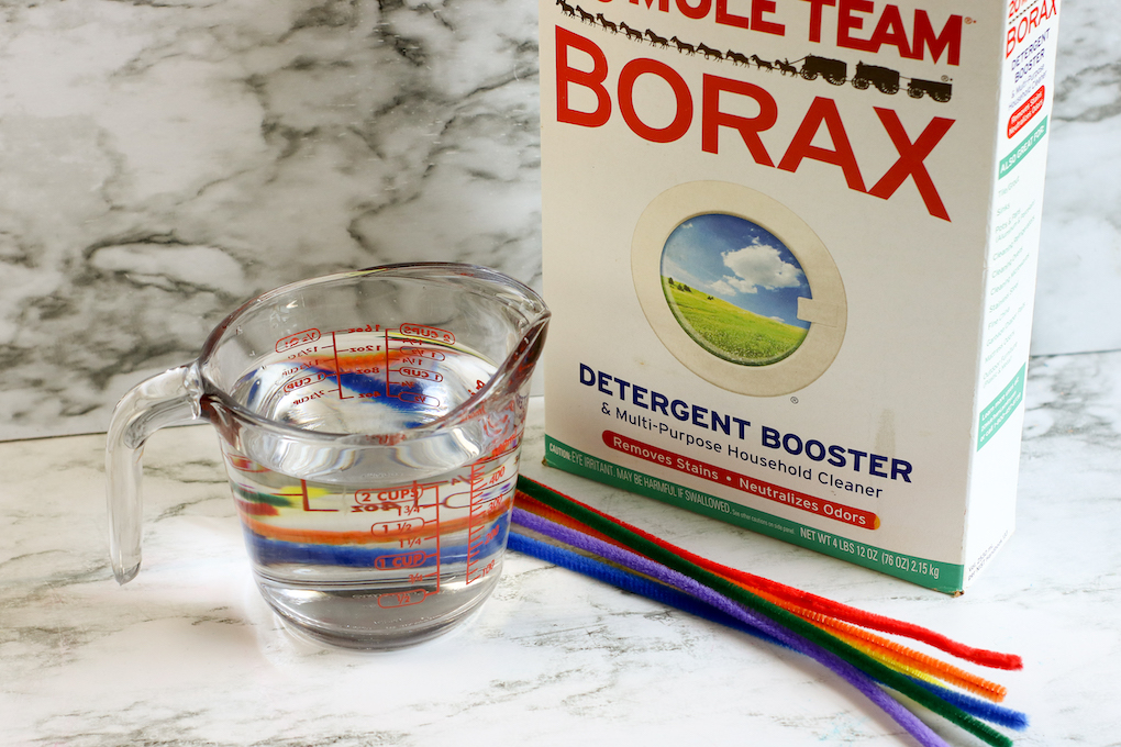 Ingredients needed to make borax crystals from pipe cleaners