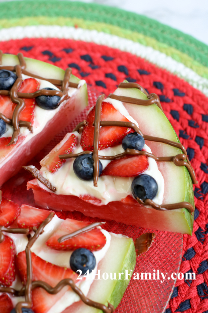 Watermelon pizza with chocolate drizzle