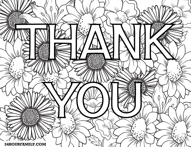 Thank you coloring page with floral background