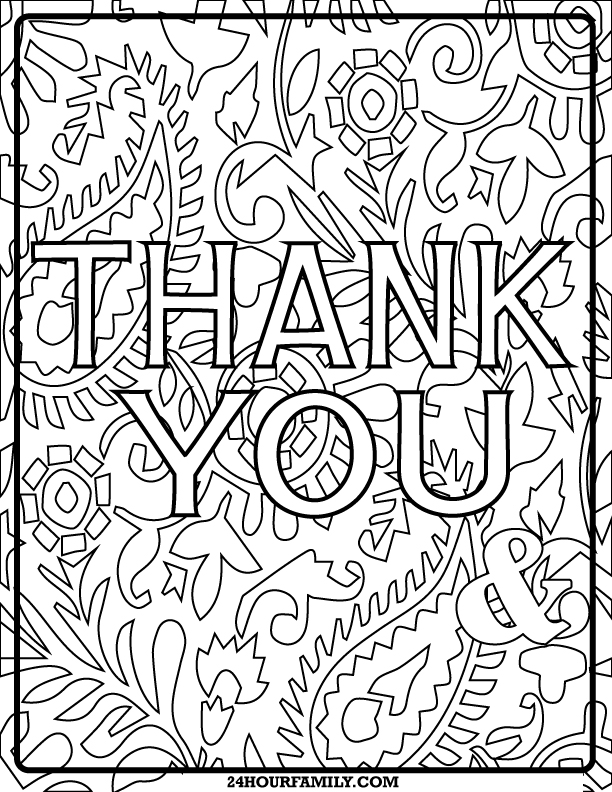 Thank you coloring page with paisley and floral background