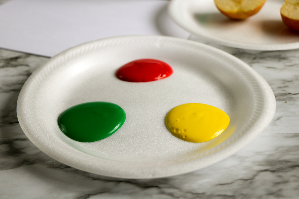 Tempera paint colors of red, green and yellow