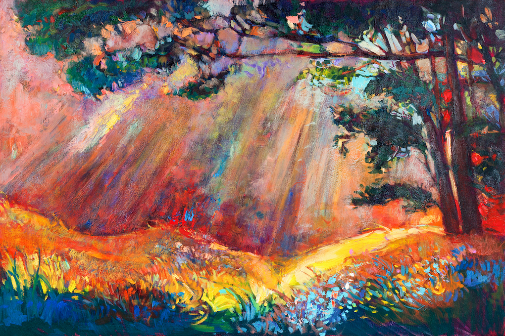 Original oil painting by an artist showing sunset landscape