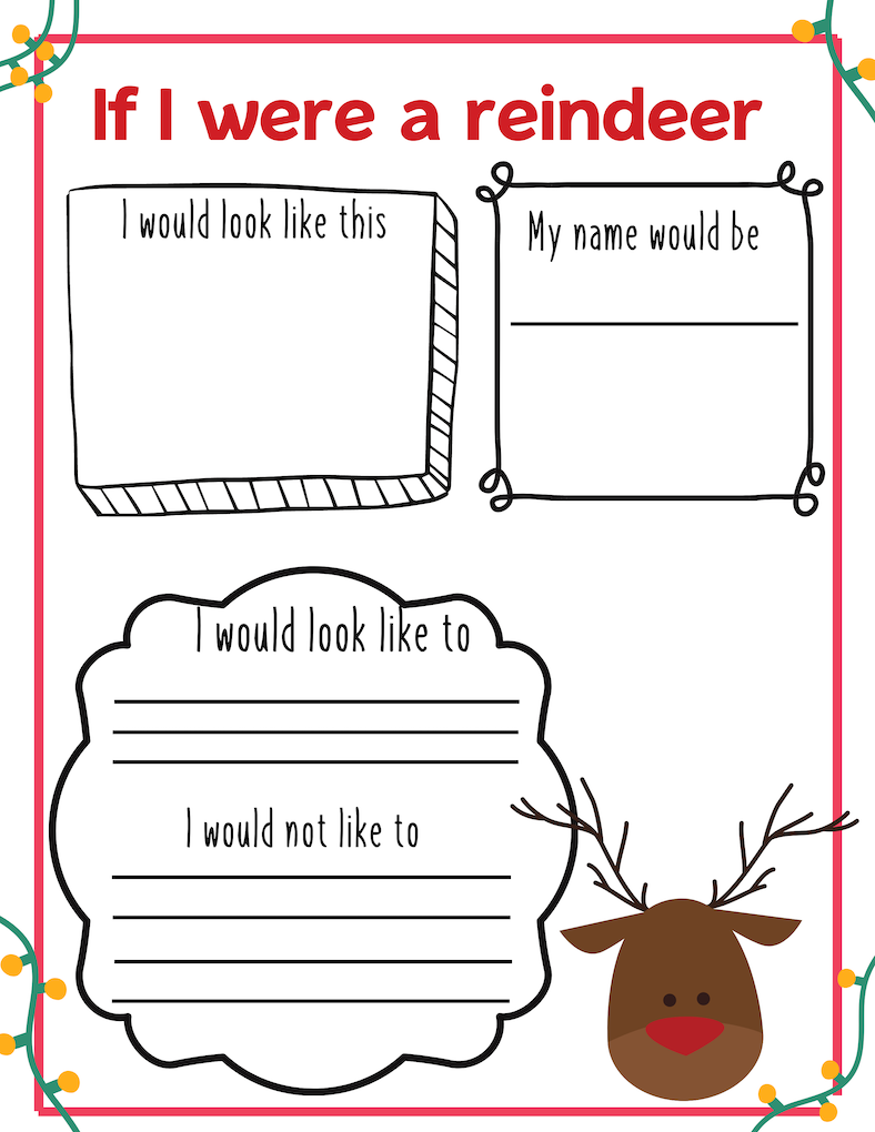 Cute Christmas drawing of a reindeer if I were a reindeer christmas writing prompt for kids preschooler, prek, kindergarten, grade school