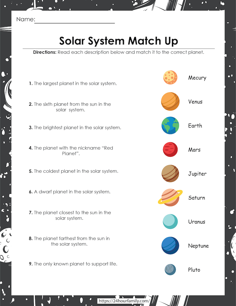 Solar system space activity worksheet and printable activity for kids