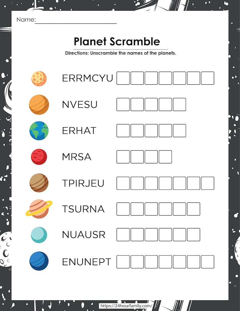 Free Solar System Coloring Pages and space word scramble for kids activity worksheet 