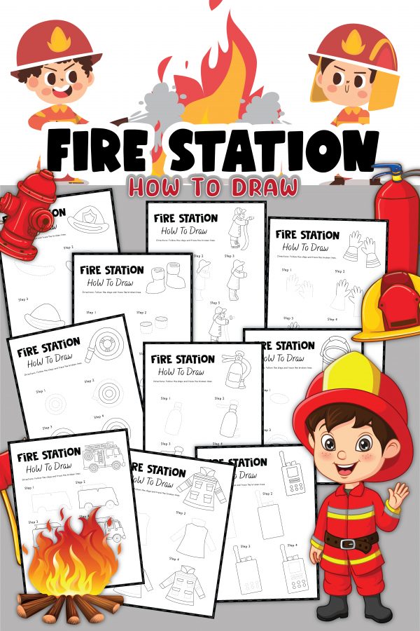 This is a 10 page PDF Printable that details how to draw a fireman, a forestation, fireman gloves, fireman hose, a fire truck, fireman hat to draw a complete fire station.