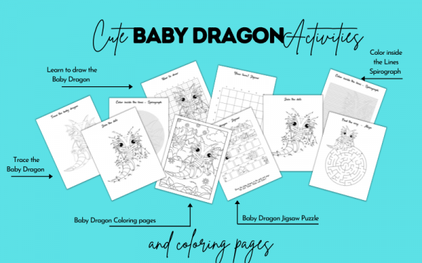 cute baby dragon coloring pages and activity printables spirograph coloring page activity maze connect the dots trace the cute baby dragon