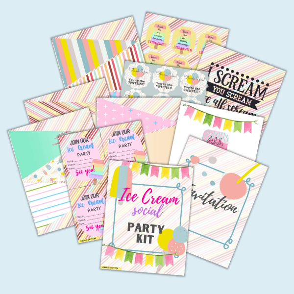 Ice Cream Party Decorations bundle includes party invitations, printable decorative signs, ice cream stickers, and printable colorful banner