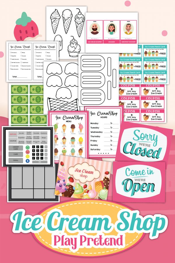 Ice cream cone templates and ice cream craft pretend play shop printables.  Free printable ice cream template pdf download