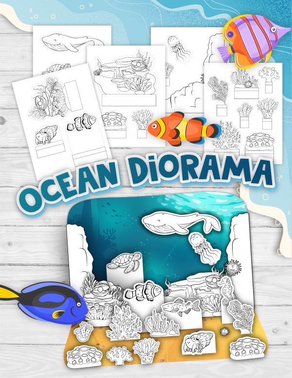 ocean diorama shoebox printable activity pdf download with whale template, grass template, fish Template