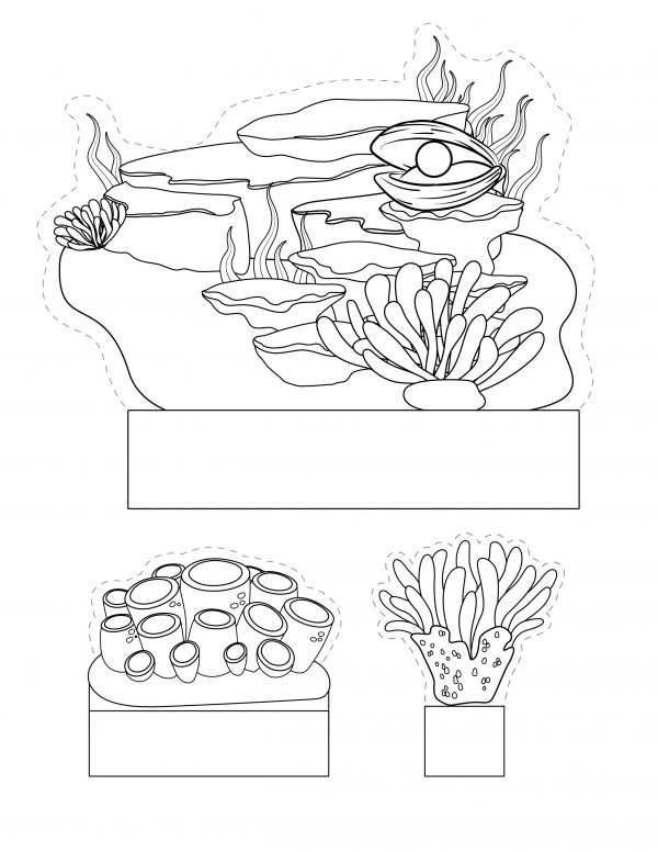 color in these templates for an ocean diorama oyster template with pearl,  coral reef template, sea grass template coloring page