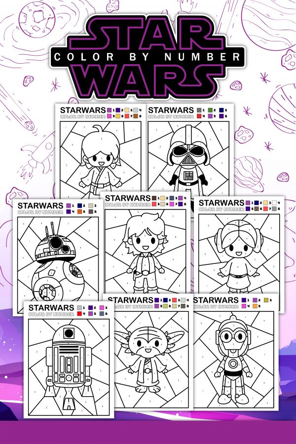 Star Wars color by number pages for kids includes Darth Vader, r2-d2. c-3po, baby Yoda, Princess Leia 