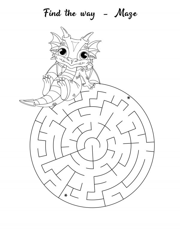 cute baby dragon maze for kids to trace and draw