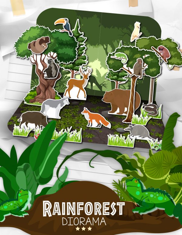 Rainforest diorama that will transport you to the amazon with tree cutouts, animal cutouts, diorama box free printable download worksheet pff