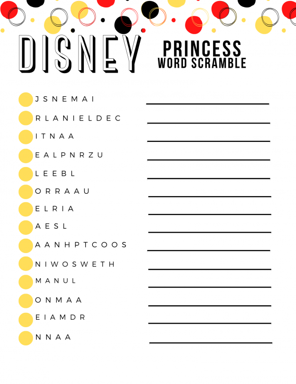 Disney Princess word scramble free printable