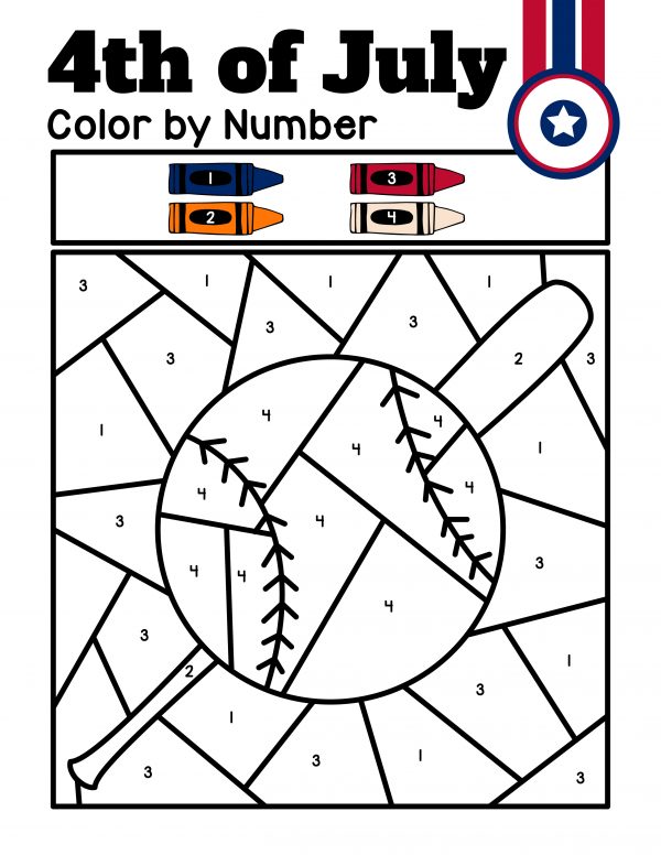 color by number July 4th baseball color by number