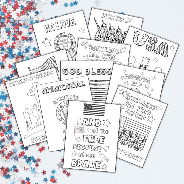 patriotic happy Memorial Day coloring pages honoring those who served, god bless the usa