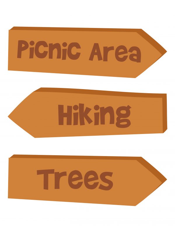 printable signs for camping which guide you to the picinic area, hiking area, and to the trees