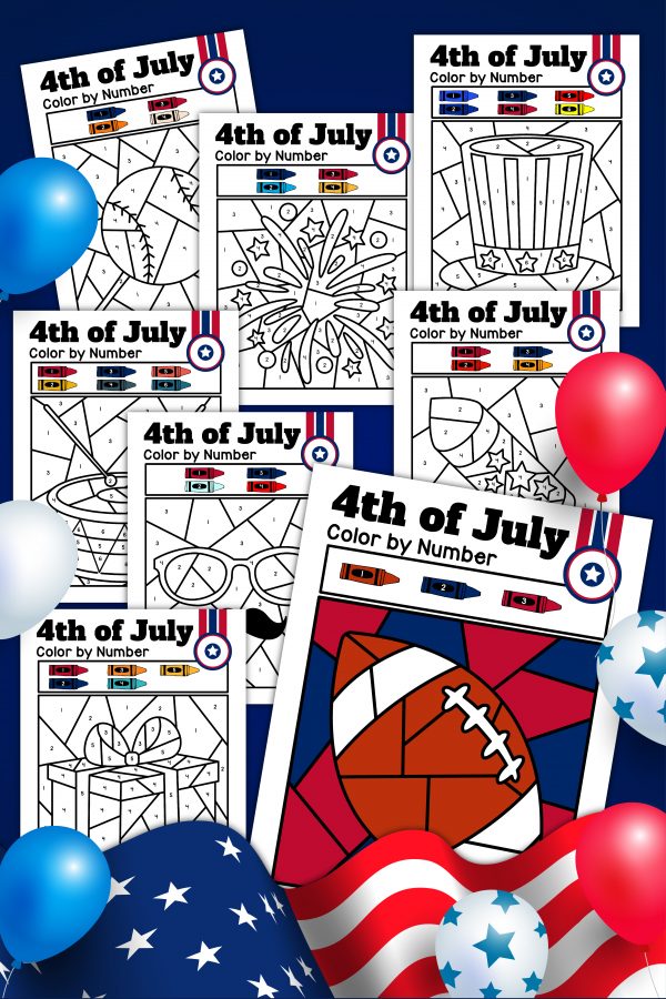 color by number 4th of July fireworks, football, baseball USA America