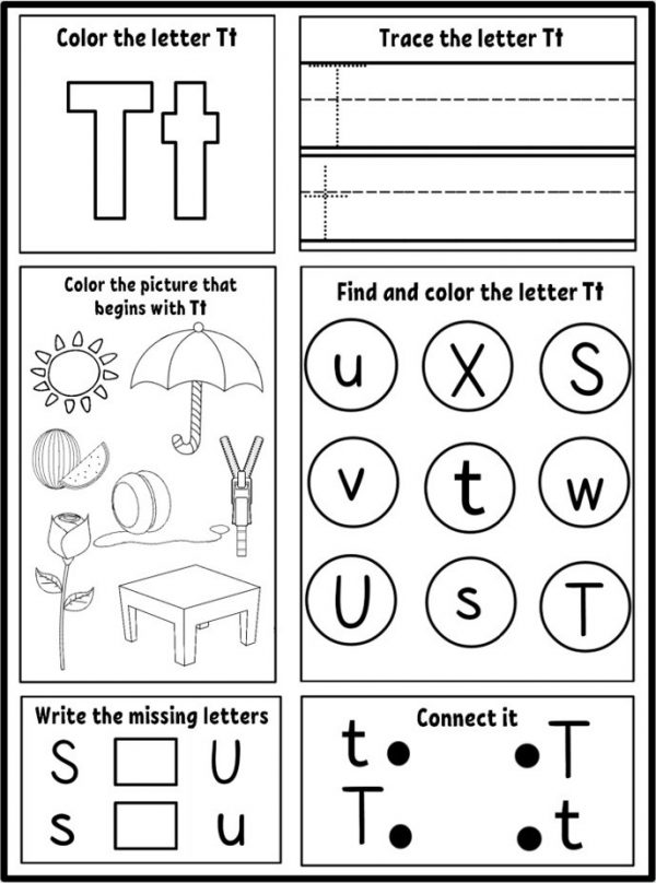 Alphabet worksheets using the letter T color the picture that begins with the letter t