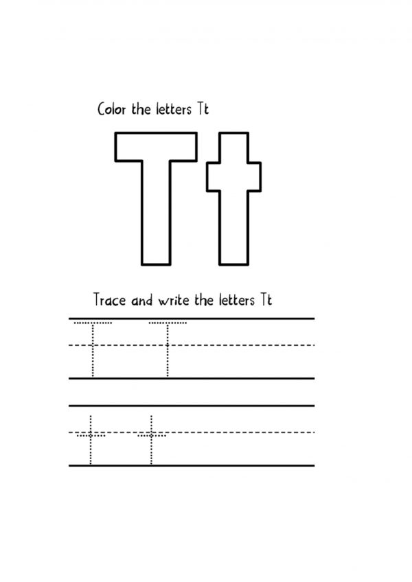 color and trace the letter T worksheet Trace and write the letter T capital and lowercase t
