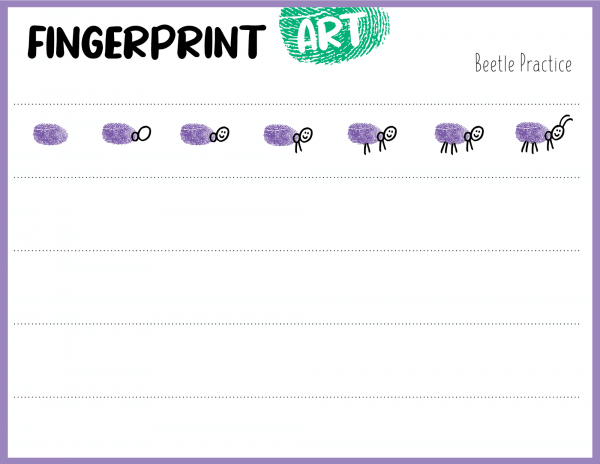 Beetle fingerprint art practice sheet with purple prints and drawing examples