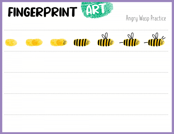 Angry wasp fingerprint art practice sheet with yellow prints and black stripe drawing examples, Printable sheets for creating fingerprint art with labeled spaces for fingerprint placement, Fingerprint craft, fun craft idea, fun summer craft, fun activity, fingerprint shapes, motor activity