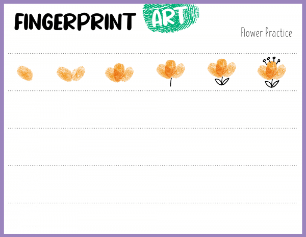 Flower fingerprint art practice sheet with orange prints and drawing examples, Printable sheets for creating fingerprint art with labeled spaces for fingerprint placement, Fingerprint craft, fun craft idea, fun summer craft, fun activity, fingerprint shapes, motor activity