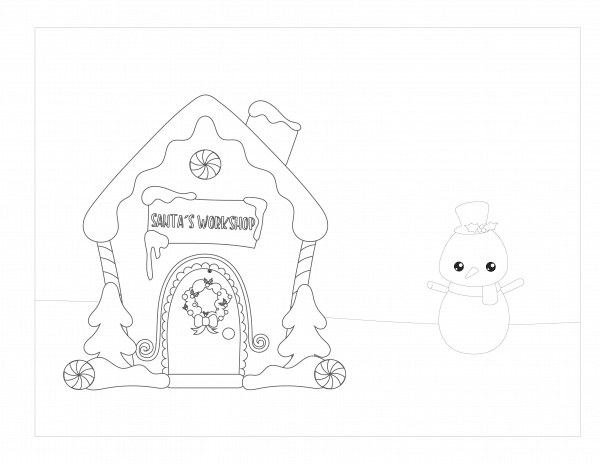 Line drawing of a gingerbread house labeled "Santa's Workshop" and a simple snowman beside it