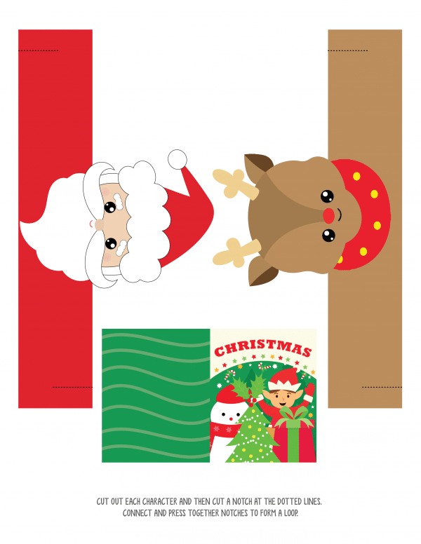 Colorful cut-outs of Santa, a reindeer, and a festive Christmas label with dotted lines for cutting