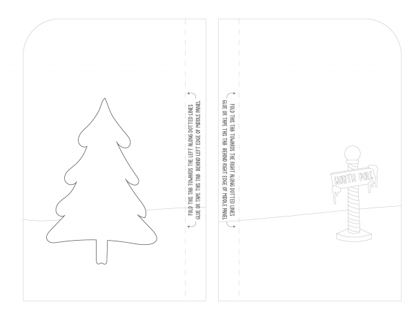 Outline of a pine tree and a "North Pole" sign, both with dotted lines for cutting and folding