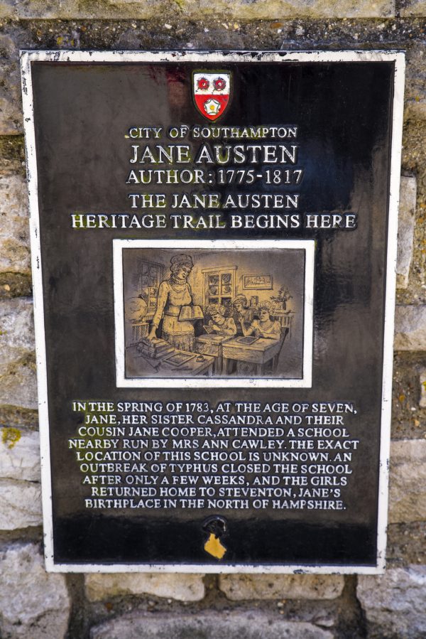 The Jane Austen heritage trail begins here, a plaque marking the nearby location where Jane Austen attended school in Southhampton, UK