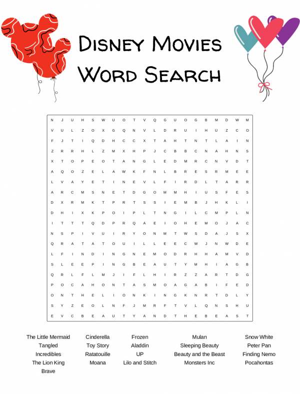 Disney Movies word search including disney characters word search