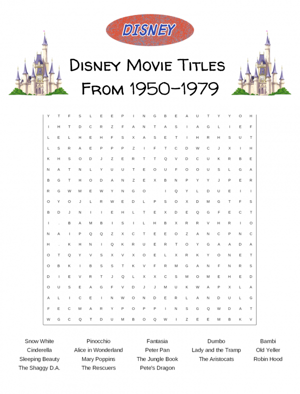 Disney Movie titles from 1950-1979 word search printable pdf free download