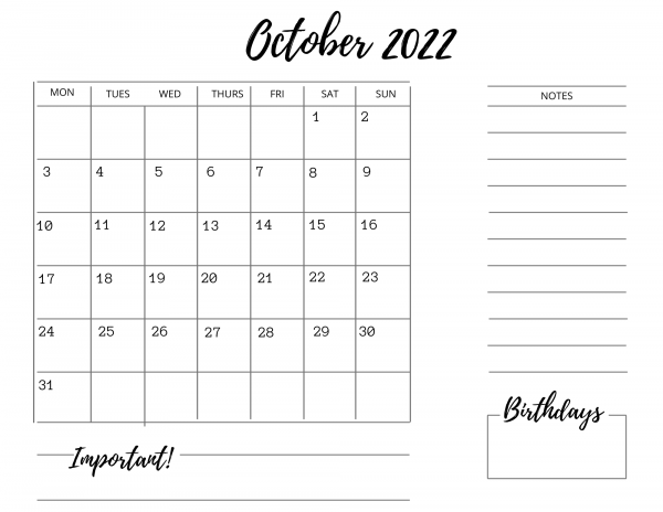 calendar with monday start October 2022