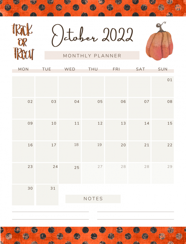 monthly calendar printable trick or treat