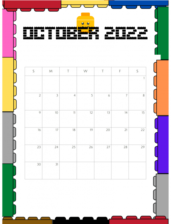 Lego themed printable calendar October  