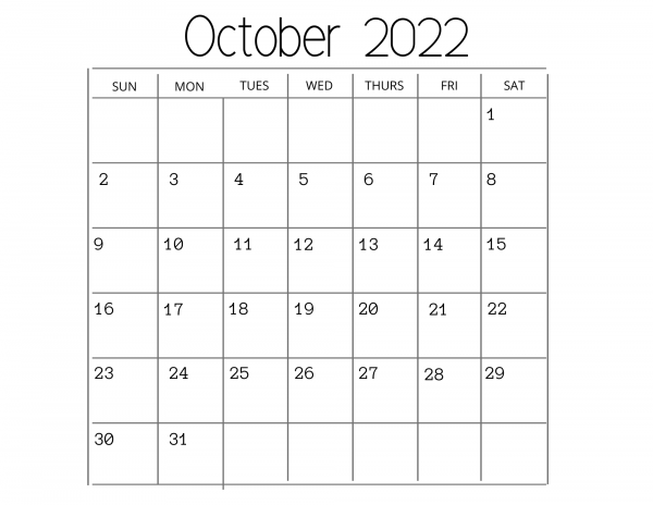 vertical printable monthly calendar October 2022
