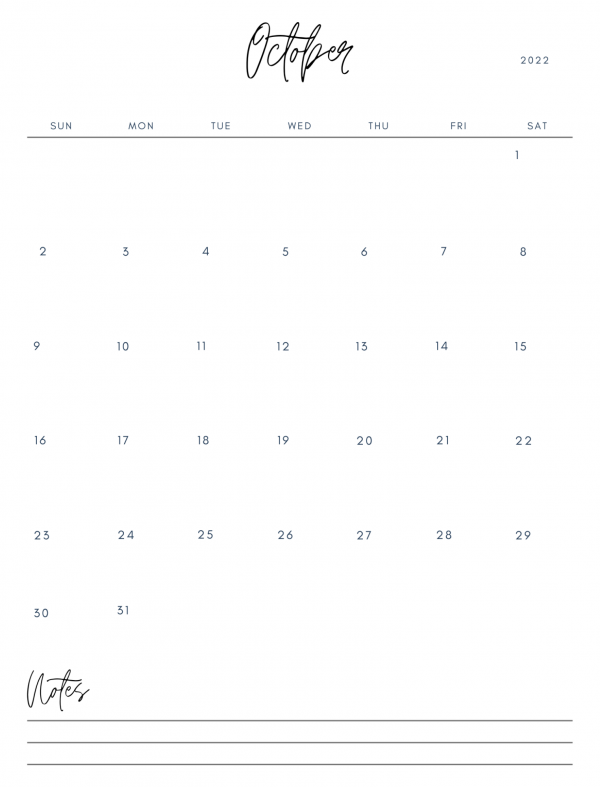 basic calendar template printable October 2022 black and white