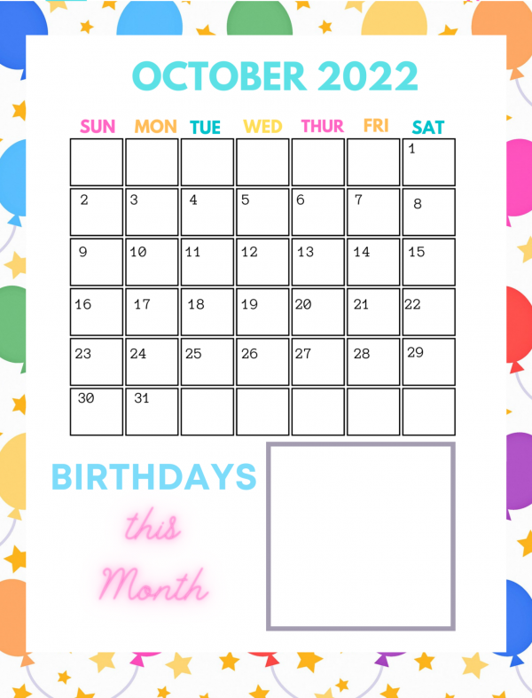birthday calendar template October 2022