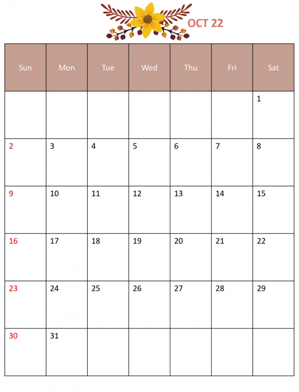 October 2022 monthly printable calendar